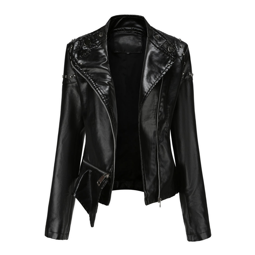 Women's nan asymmetric faux leather biker jacket with stud application and tailored peplum Mune Fashion