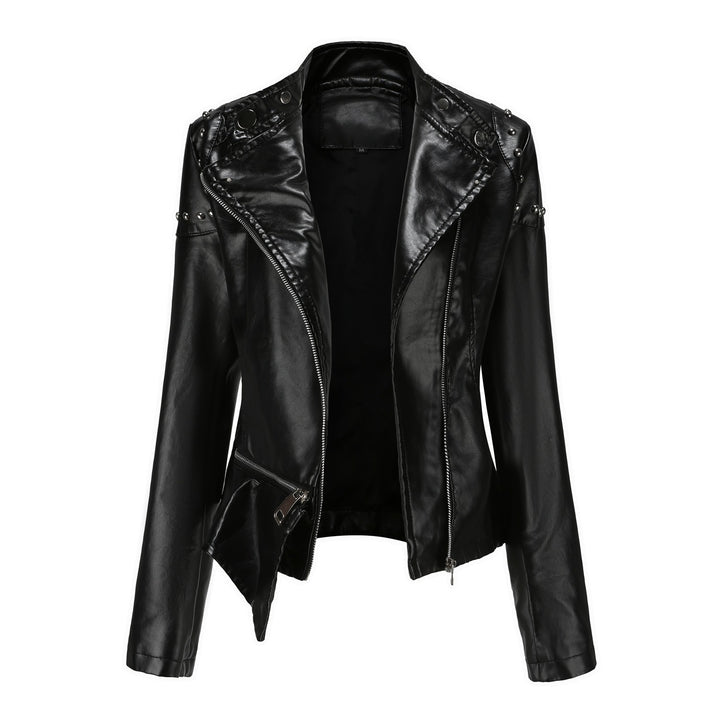 Women's nan asymmetric faux leather biker jacket with stud application and tailored peplum Mune Fashion