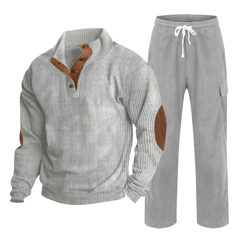 Men's Cozy Leisure Set made of Waffle Knit Henley with Elbow Patch and Relax Cargo Pants Mune Fashion