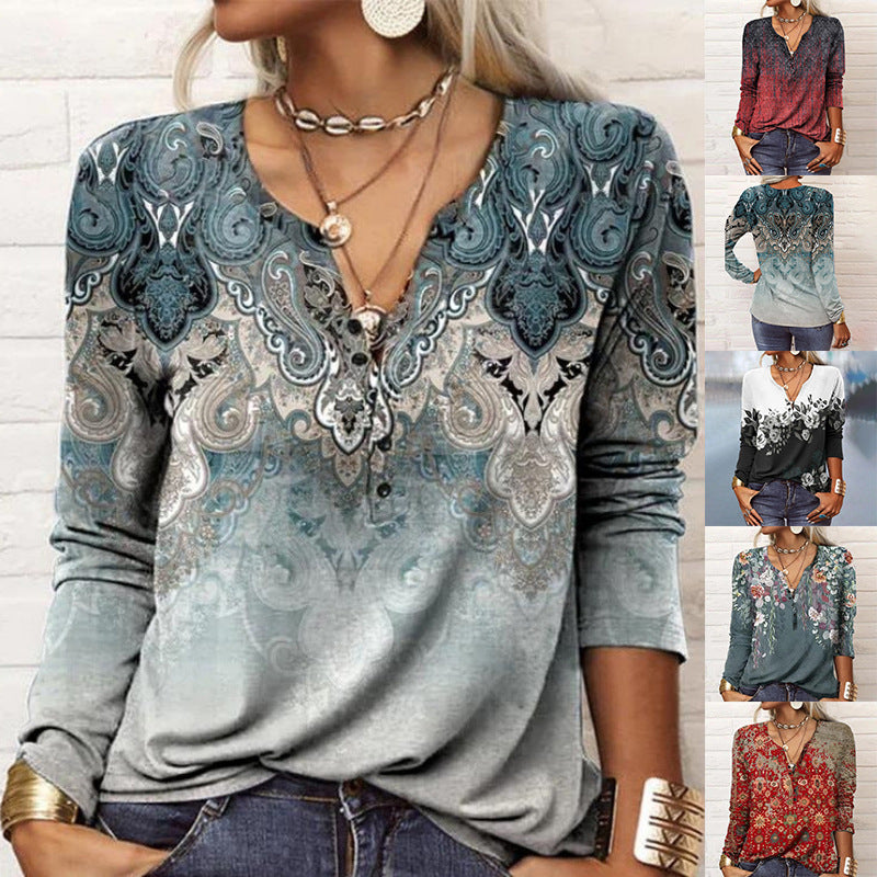 Women Loose Long Sleeve Henley Shirt with V-Neck, Button Placket and Ombre Print Mune Fashion
