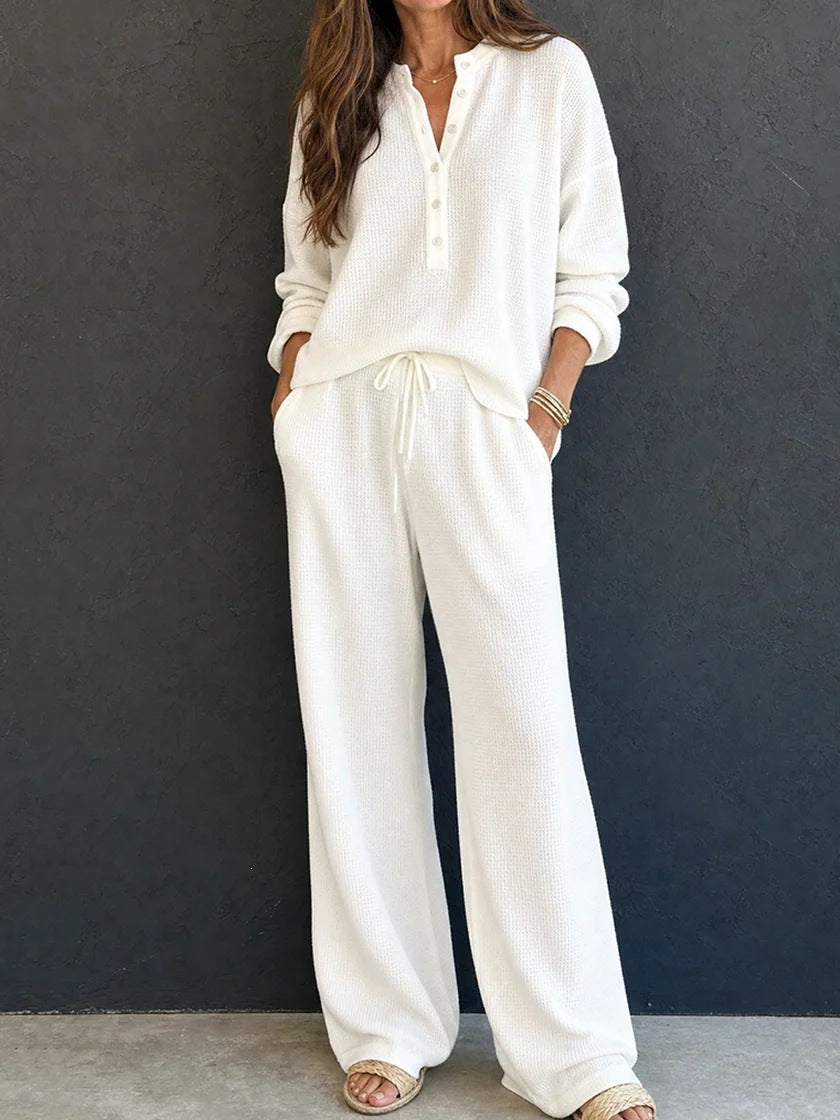 Women Casual Waffle Knit Suit Mune Fashion