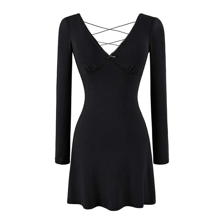 Ladies form-fitting mini dress with a deep V-neckline, gathered bust, and crossed back straps Mune Fashion