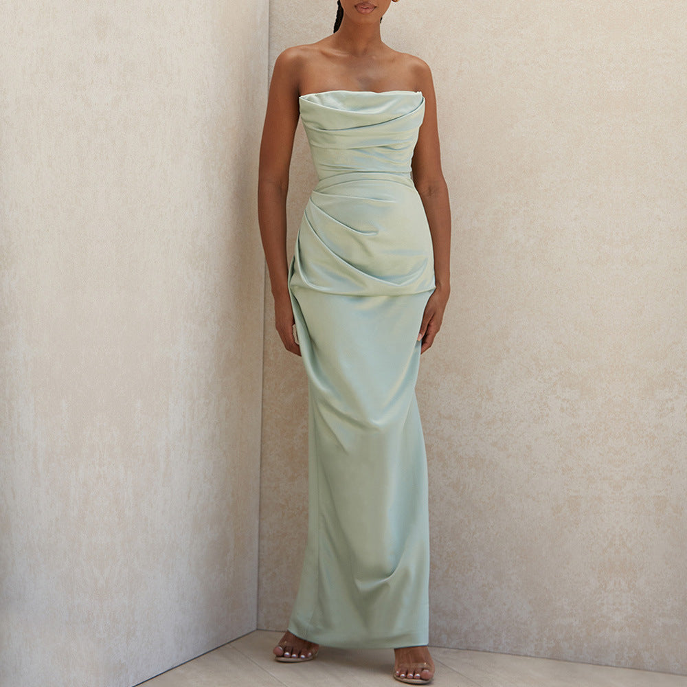 Ladies nan luxurious satin evening dress with draped bustier tailored draping and slim column silhouette Mune Fashion
