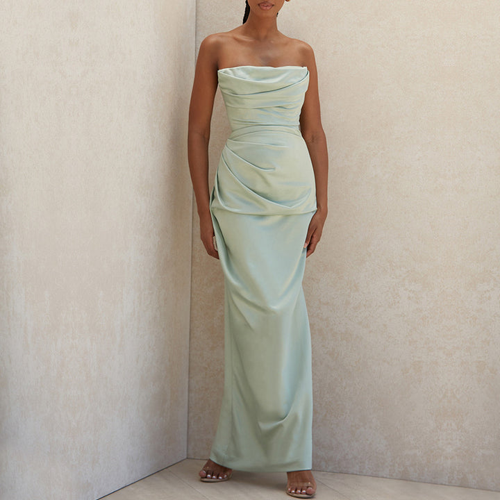 Ladies nan luxurious satin evening dress with draped bustier tailored draping and slim column silhouette Mune Fashion