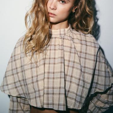 Women's Checked Blouse with Stand-Up Collar, Gathered Yoke and Voluminous Raglan Sleeves Mune Fashion
