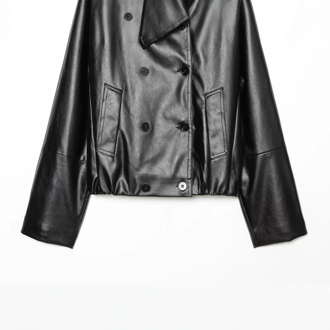 Women's Cropped Faux Leather Jacket with Wide Funnel Collar and Double-Breasted Button Placket Mune Fashion
