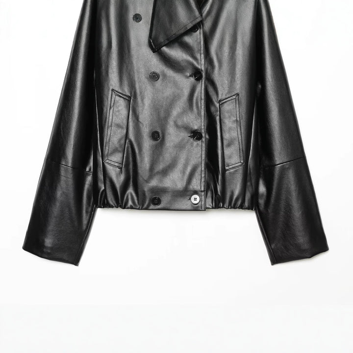 Women's Cropped Faux Leather Jacket with Wide Funnel Collar and Double-Breasted Button Placket Mune Fashion