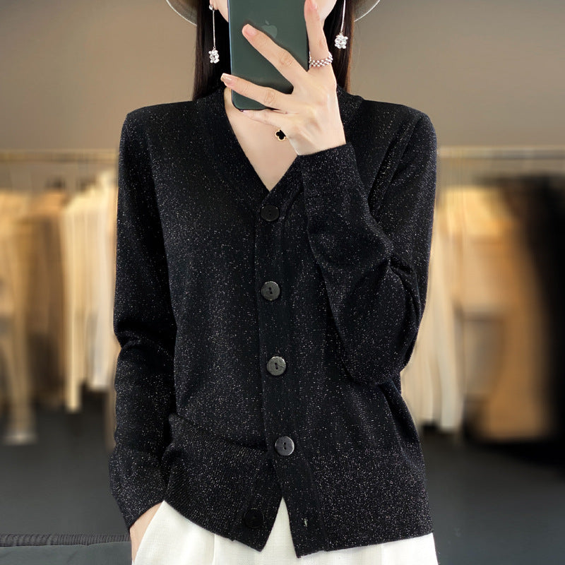 Women Light V-Neck Cardigan with Side Hem Slit and Ribbed Cuff Mune Fashion