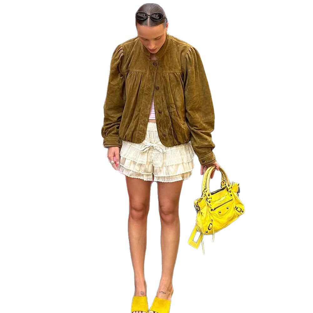 Women's Short Suede Jacket with Pleats, Puff Sleeves & Button Placket Mune Fashion