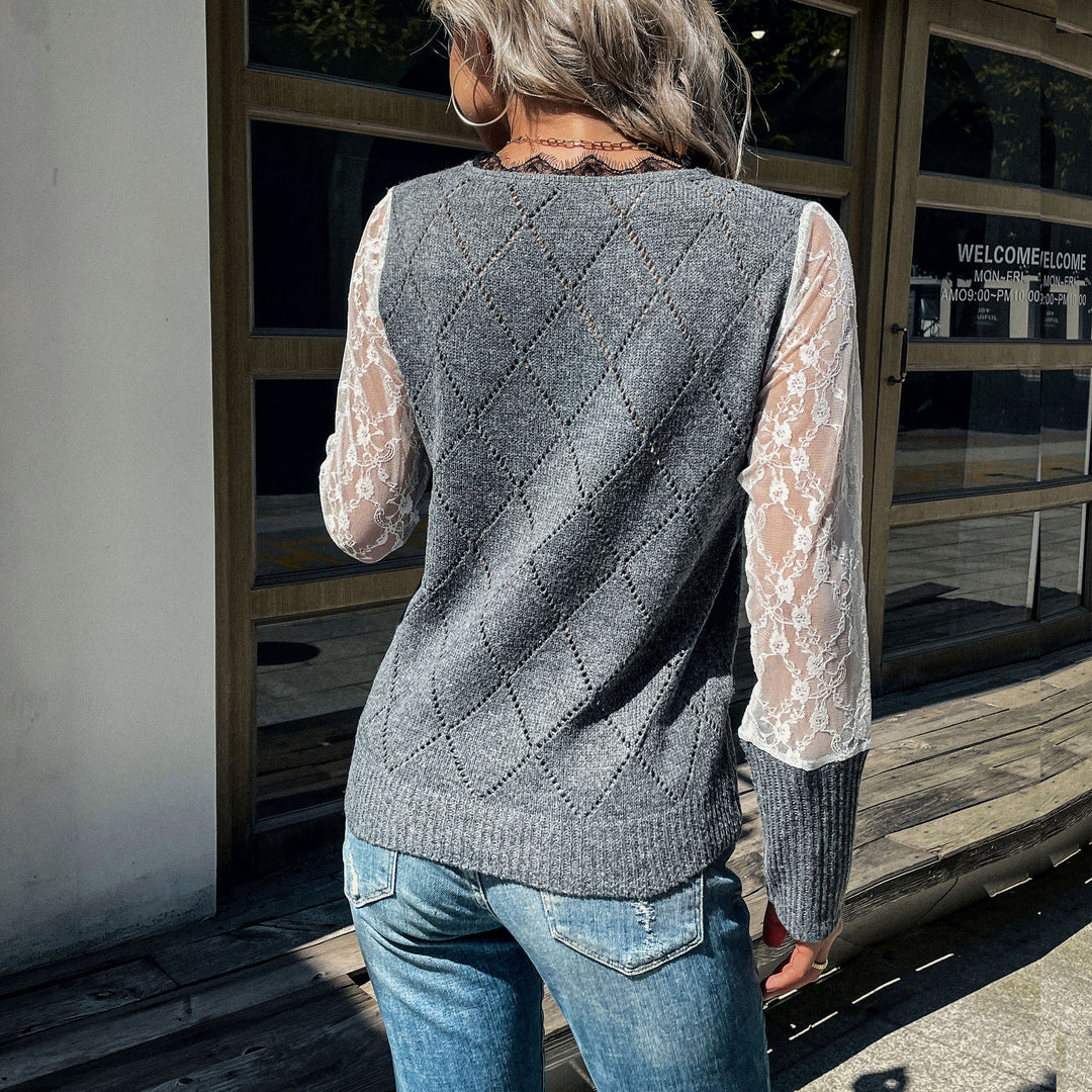 Women's Casual Fine Knit Sweater with Openwork Diamond Pattern, Transparent Lace Sleeves and Ribbed Cuffs Mune Fashion