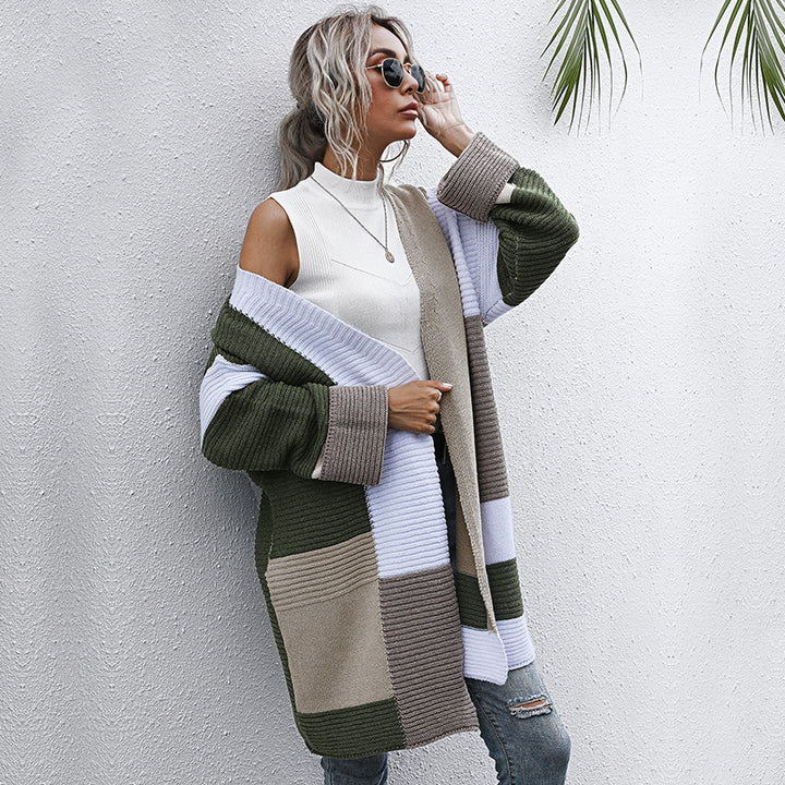 Women's Oversized Knit Cardigan with Colorblock Patchwork and Open Front Mune Fashion