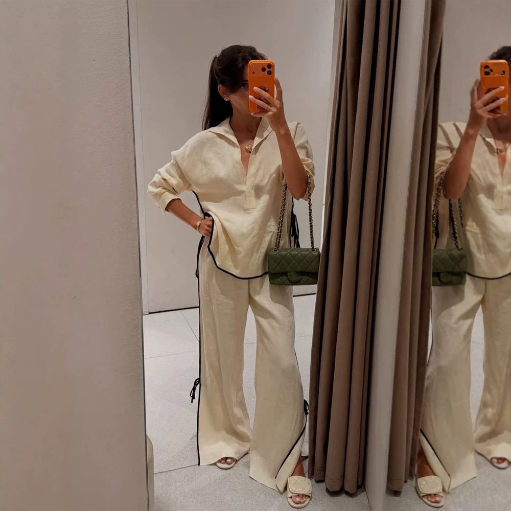 Women Lightweight Linen Loungewear Set with Wide Leg, Shirt Collar & Contrast Piping Mune Fashion