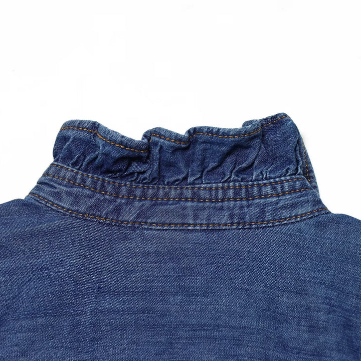 Women's denim blouse with ruffled button placket and stand-up collar Mune Fashion
