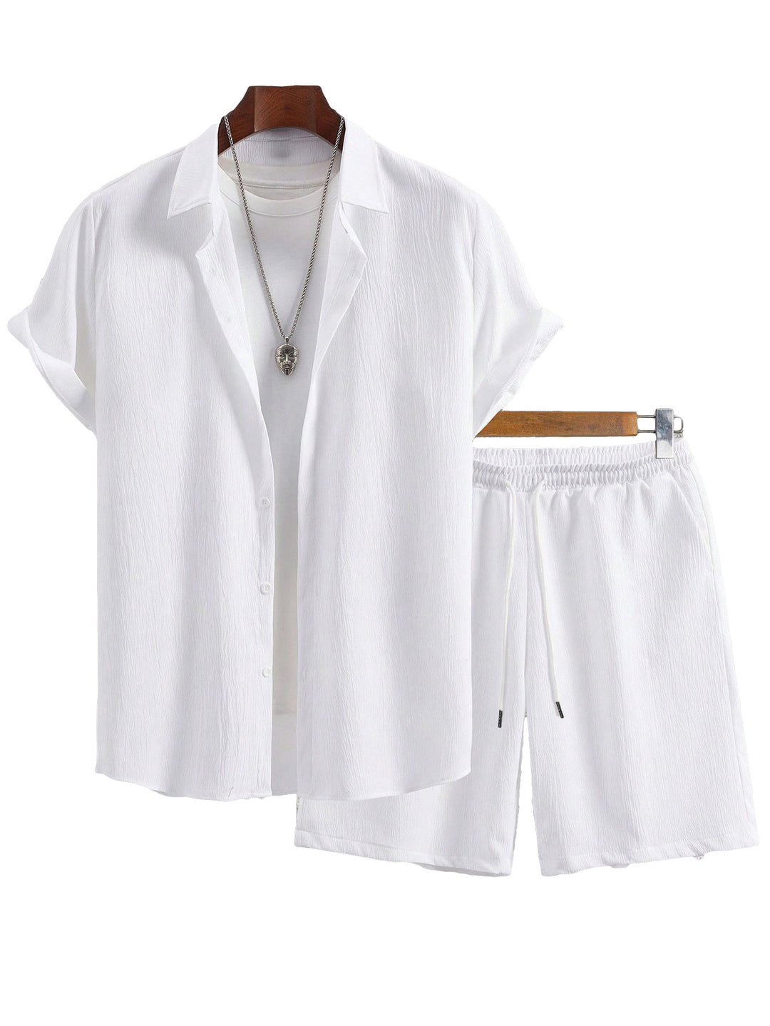 Men's Crinkle Lounge Set with Open Lapel Shirt, Integrated Short Sleeve T-Shirt, and Drawstring Bermuda Mune Fashion