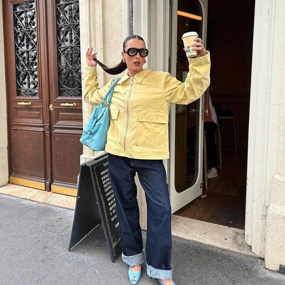 Women's Boxy-Canvas-Jacket with Zipper, Flap Pockets and Waist Drawstring Mune Fashion