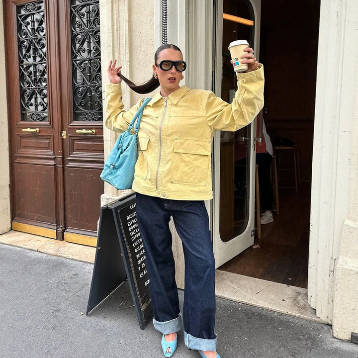 Women's Boxy-Canvas-Jacket with Zipper, Flap Pockets and Waist Drawstring Mune Fashion