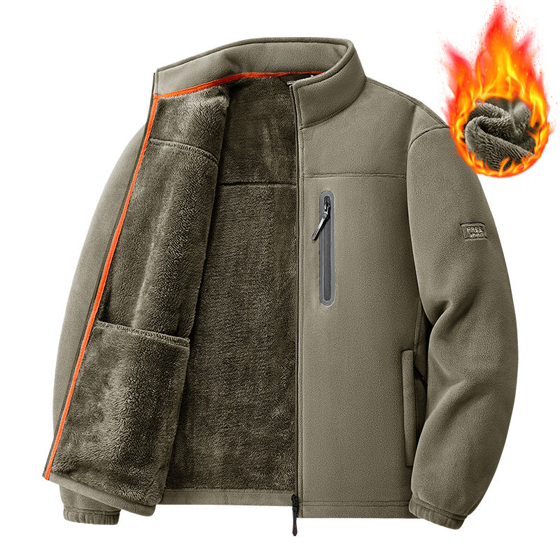 Men's nan thermal fleece jacket with high-pile teddy lining, chest zip pocket, and windproof front shell