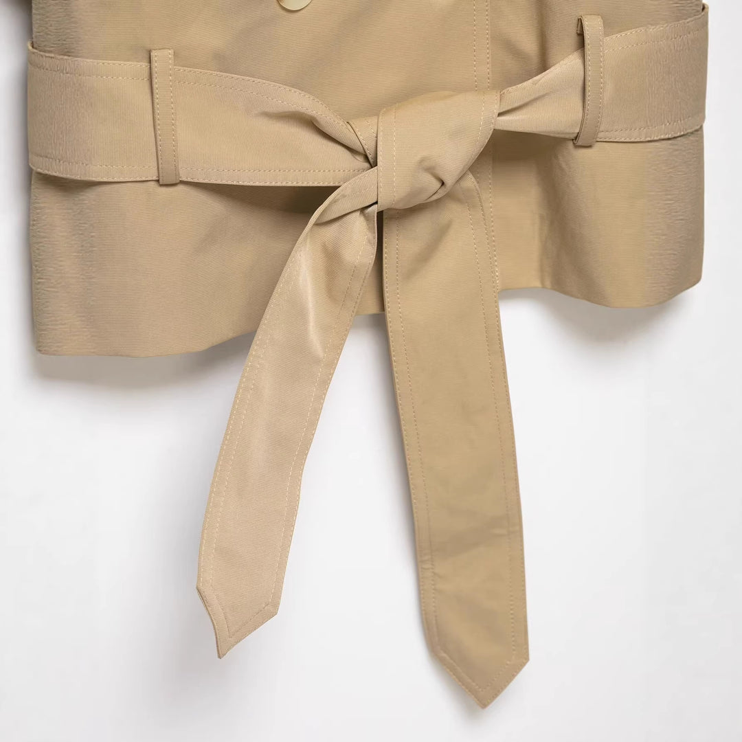 Women's Short Cape Trench with High Standing Collar, Double-Breasted Button Placket and Tie Belt Mune Fashion
