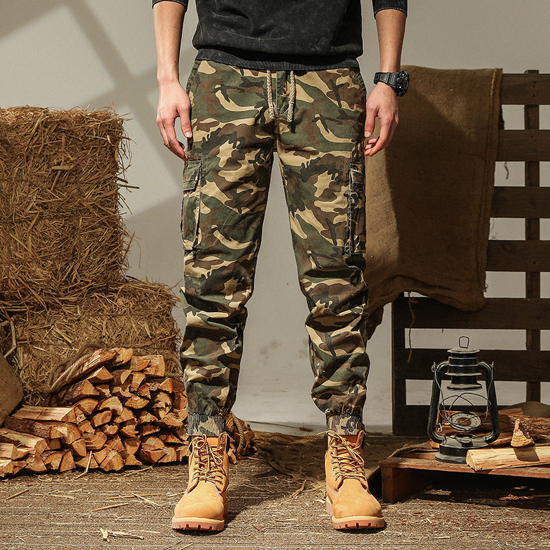 Men's camouflage utility style cargo pants with elastic hem and multiple pockets Mune Fashion