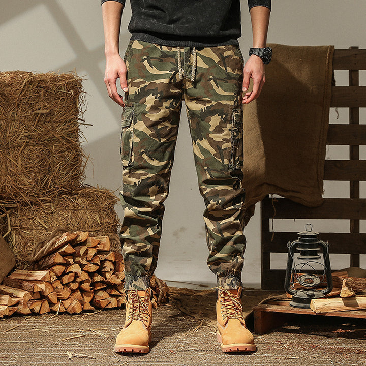 Men's camouflage utility style cargo pants with elastic hem and multiple pockets Mune Fashion