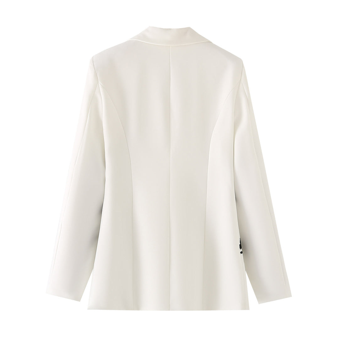 Women's tailored single-breasted blazer with contrasting floral side panels and softly flowing silhouette Mune Fashion