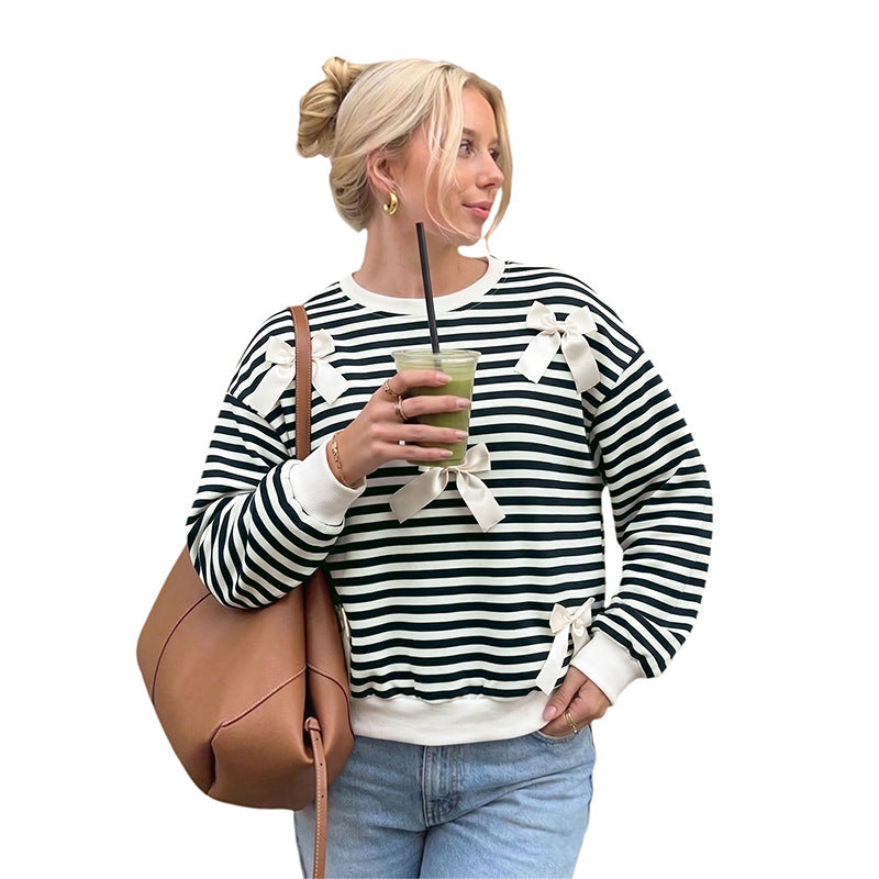 Ladies Oversize Cotton Sweatshirt with Maritime Stripes and Decorative Bows Mune Fashion