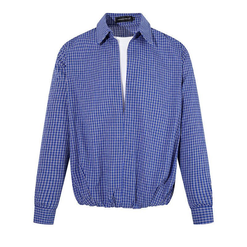 Men's Overshirt Blouson in Check Pattern with Elastic Waistband and Shirt Collar Mune Fashion