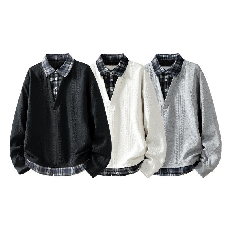 Men's knitted structured V-neck layered sweater with integrated check collar insert Mune Fashion