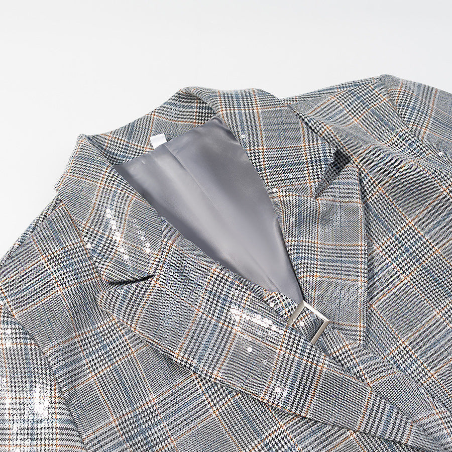 Women's Oversized Glencheck Blazer with single-button placket, flap pockets and subtle sequin embellishment Mune Fashion