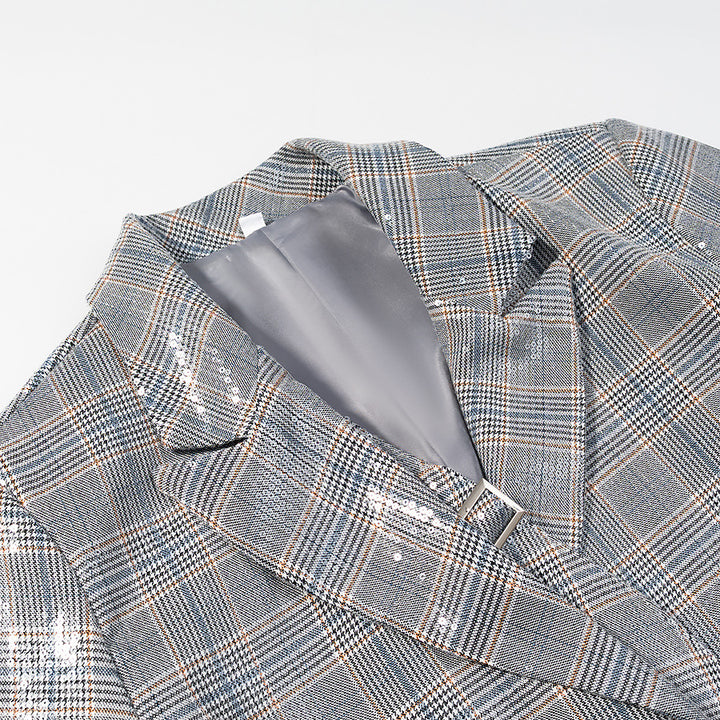 Women's Oversized Glencheck Blazer with single-button placket, flap pockets and subtle sequin embellishment Mune Fashion