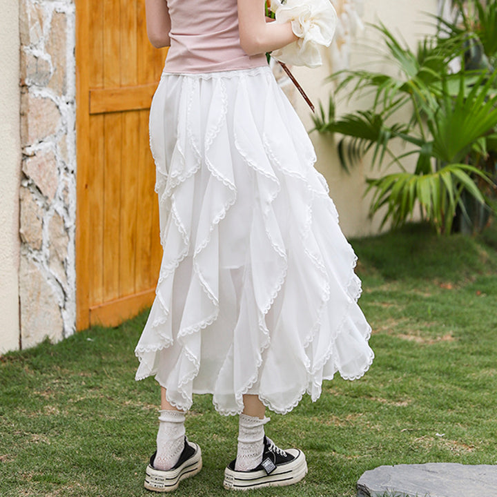 Women's multi-layered flounced tulle skirt with elastic comfort waistband and delicate lace trim Mune Fashion