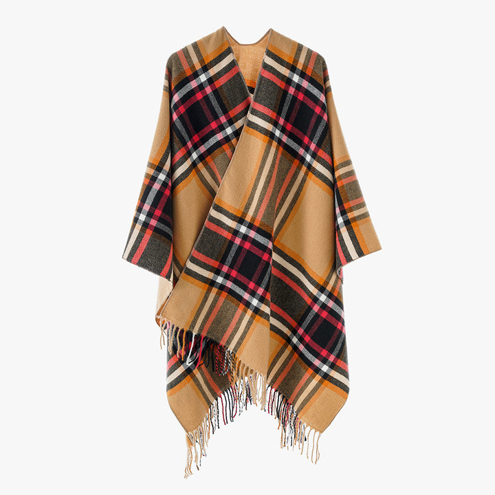 Women Checkered Oversized Throw Poncho with V-Neck and Fringed Hem Mune Fashion