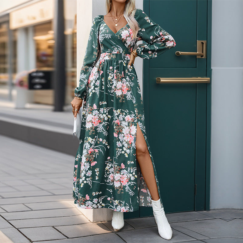 Women’s maxi dress with wrap effect, V-neck, waist gathering & side leg slit Mune Fashion