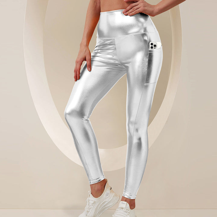 Women's Shiny High-Waist Sculpting Leggings with Side Multi-Functional Pocket Mune Fashion
