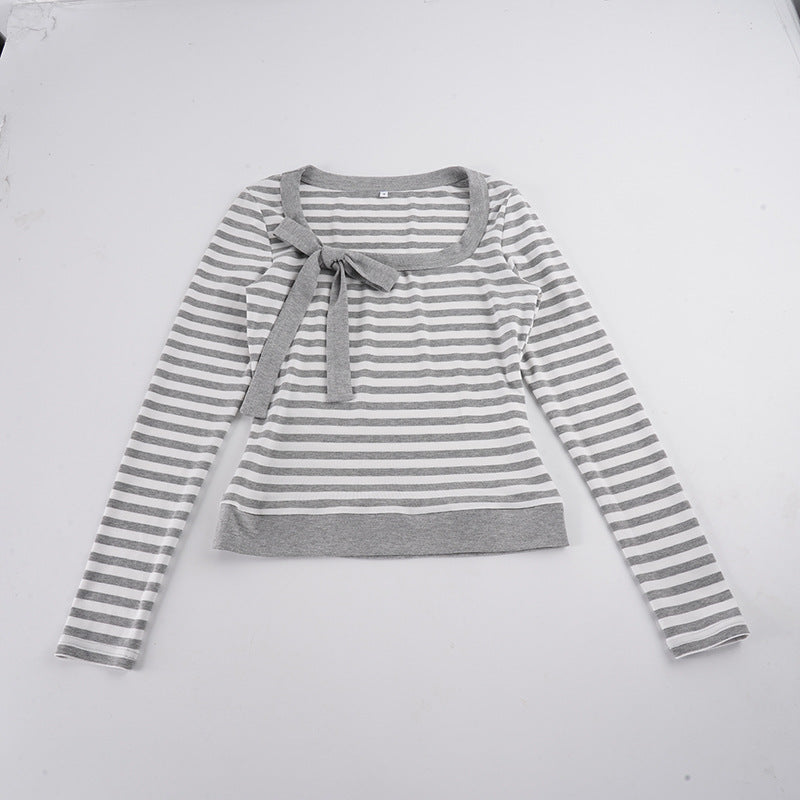 Ladies Striped Fine Knit Sweater with Bow Detail Mune Fashion