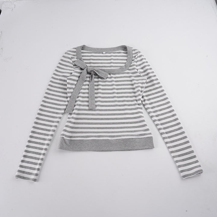Ladies Striped Fine Knit Sweater with Bow Detail Mune Fashion