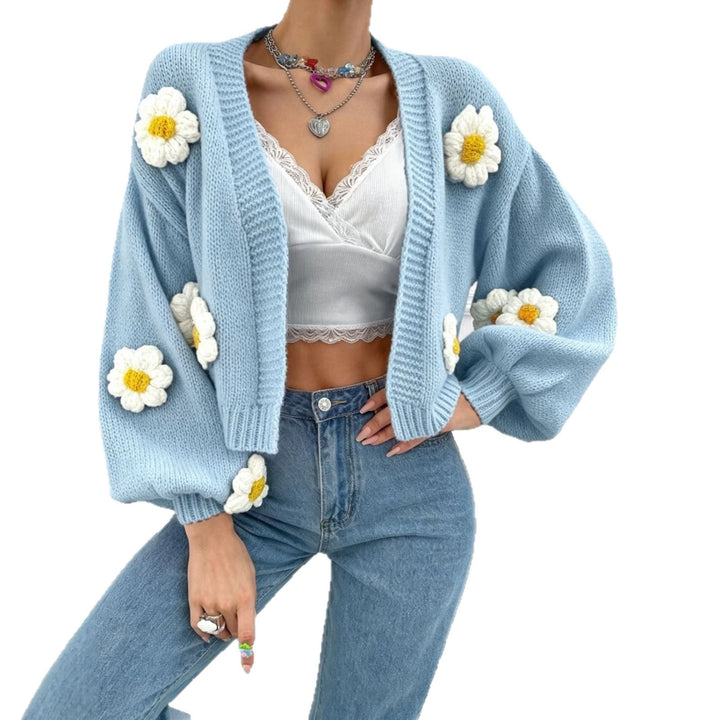Women's Short-Cut Chunky Knit Cardigan with 3D Flower Applications Mune Fashion