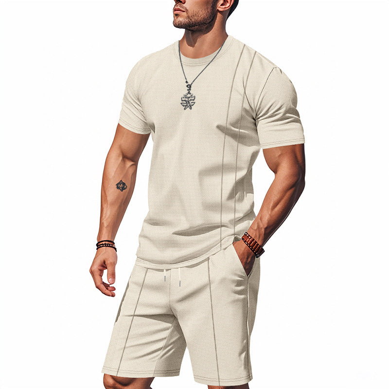 Men's urban waffle jersey ensemble with contrasting decorative seams and loose Bermuda fit Mune Fashion