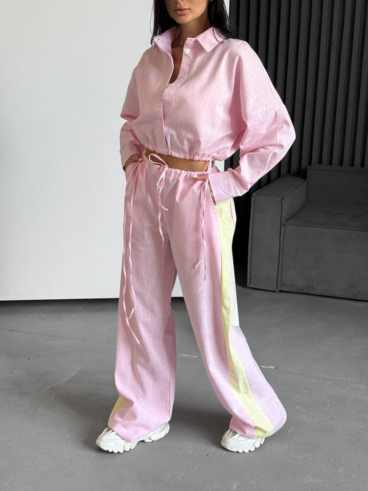 Women's Two-Piece Cotton-Linen Loungewear Set with Cropped Shirt Blouse and Wide Drawstring Pants Mune Fashion