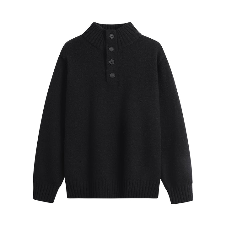 Men's oversized knit sweater with half button placket, high ribbed collar & ribbed hem