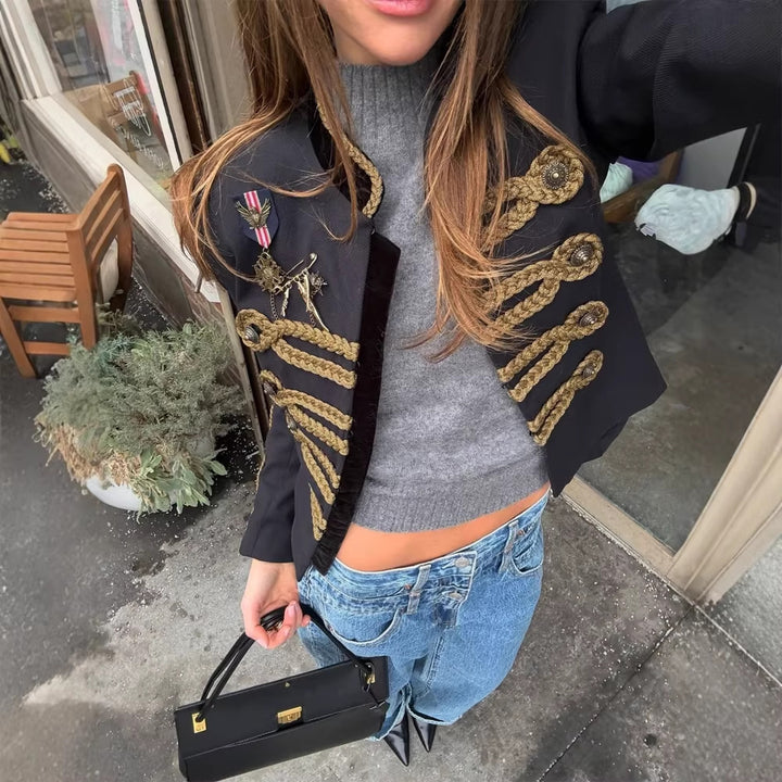 Women Short Military Inspired Parade Jacket with Gold Cord Decoration Mune Fashion