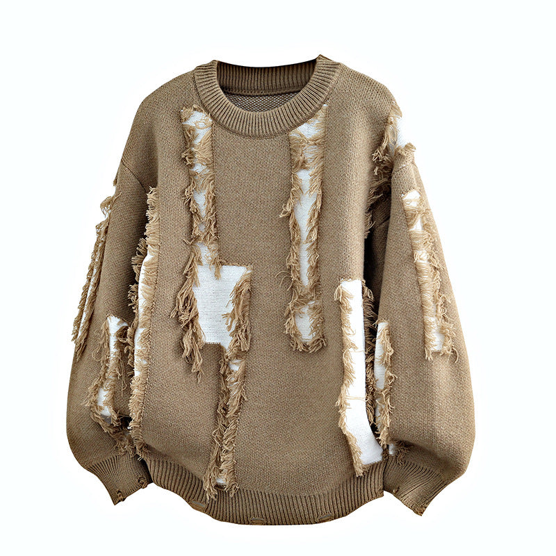 Men's Oversized Knit Sweater with Fringe Applications and Balloon Sleeves Mune Fashion