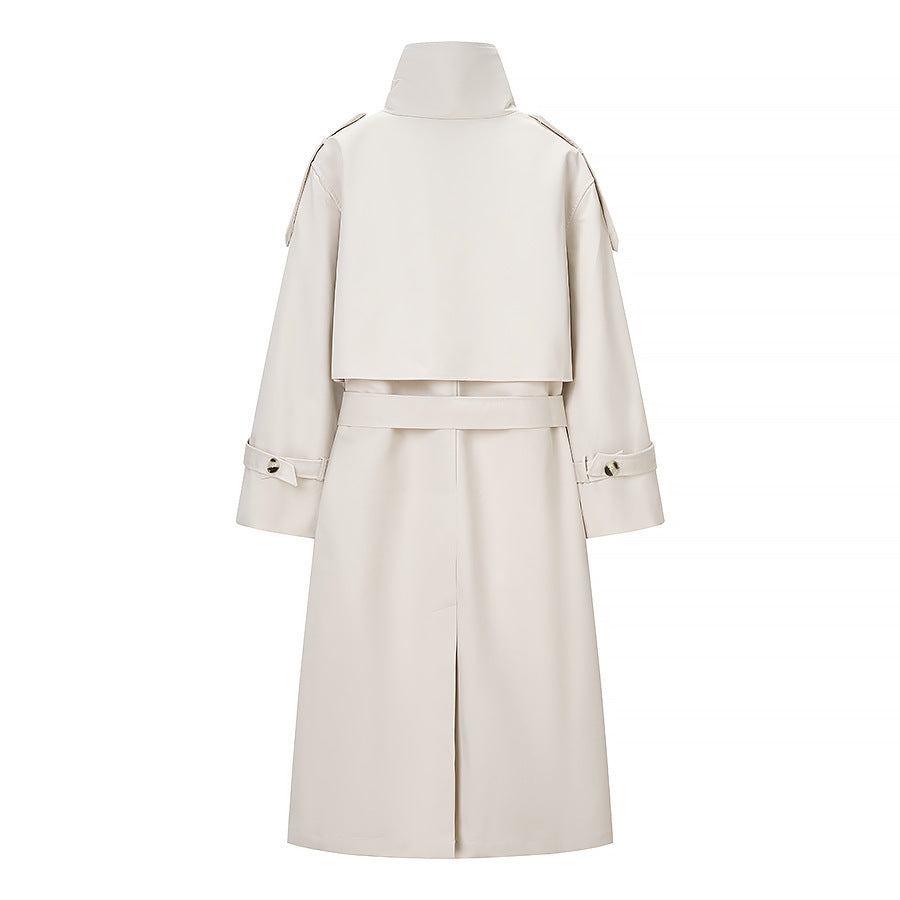 Women Longer double-breasted trench coat with high stand-up collar and waist belt Mune Fashion