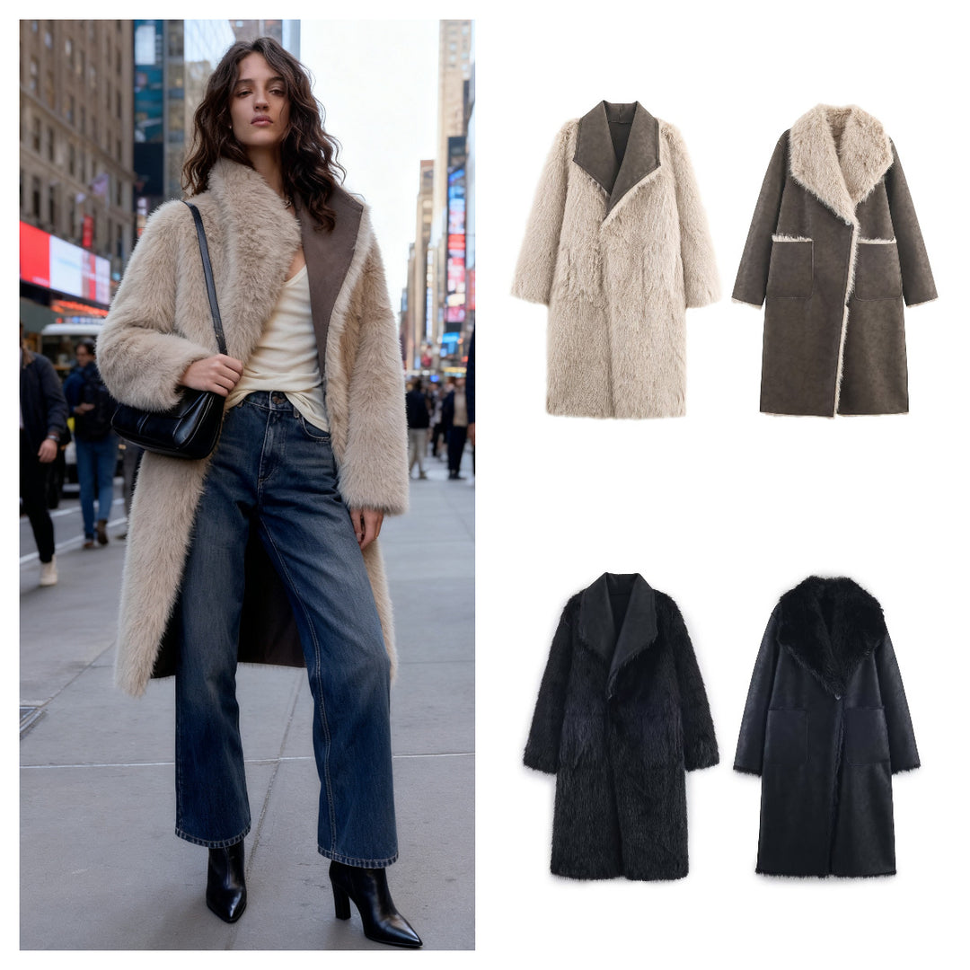 Women Longer Reversible Faux Fur Coat with Oversized Shawl Collar and Patch Pockets Mune Fashion