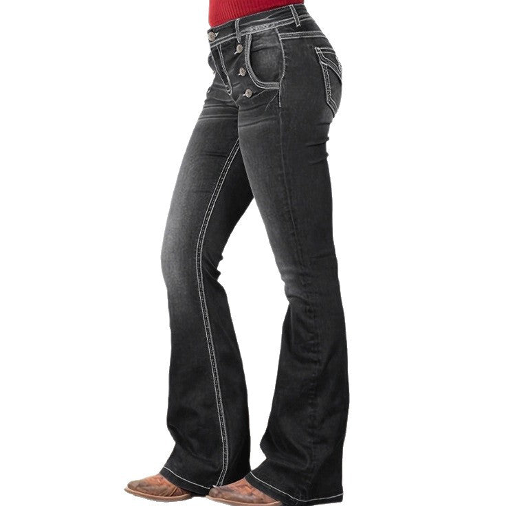 Women's high-waisted sculpting bootcut jeans with side decorative buttons Mune Fashion