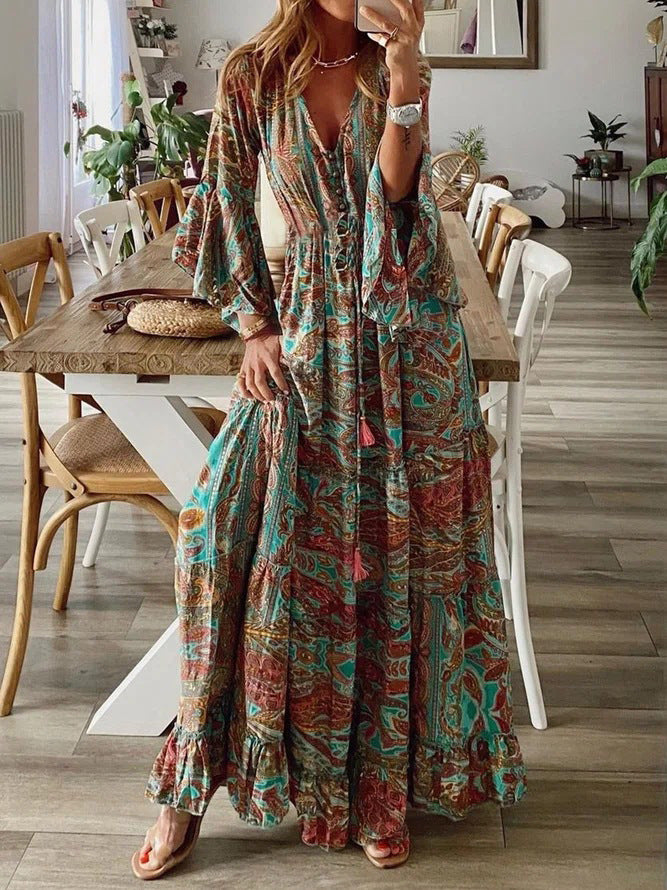 Women’s Boho Maxi Dress with Paisley Print, V-Neck, Ruffle Sleeves, and Waist Tie Belt Mune Fashion