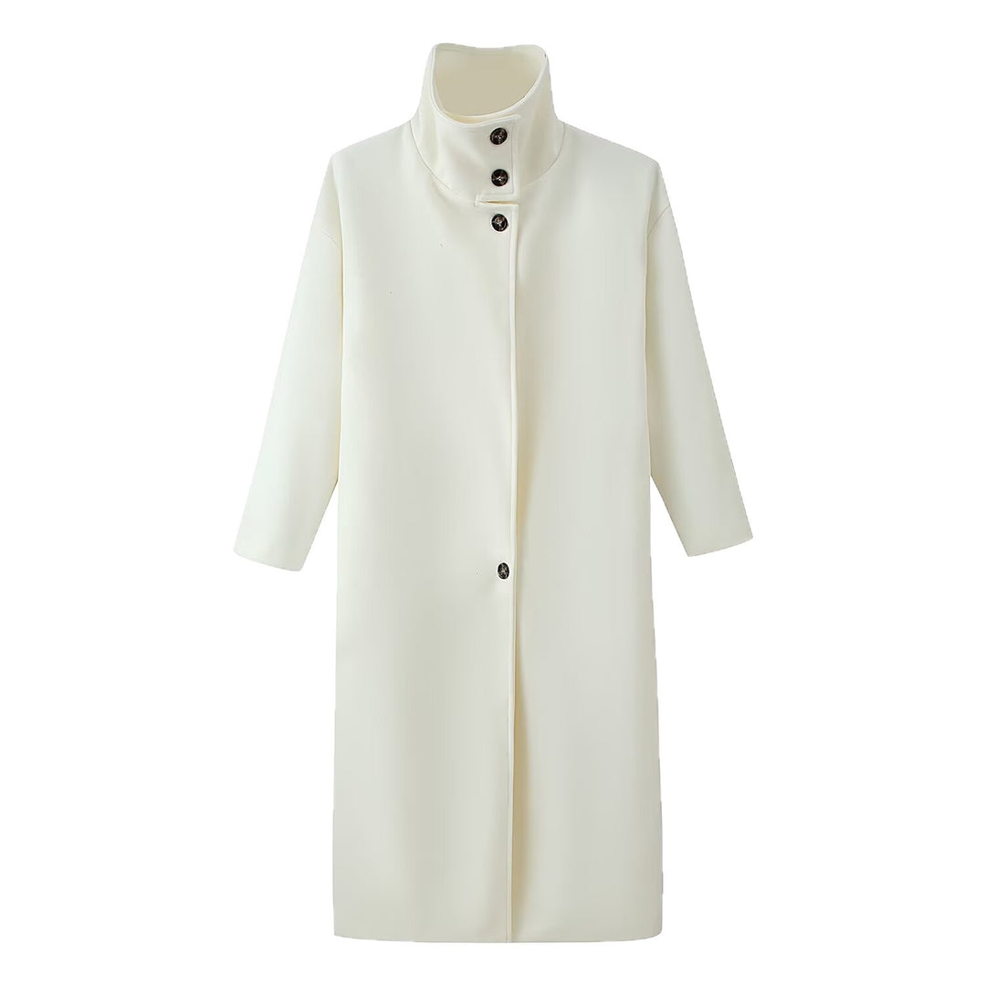 Women's Straight Midi-Length Coat with High Stand-Up Collar and Concealed Button Placket Mune Fashion