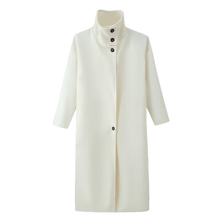 Women's Straight Midi-Length Coat with High Stand-Up Collar and Concealed Button Placket Mune Fashion
