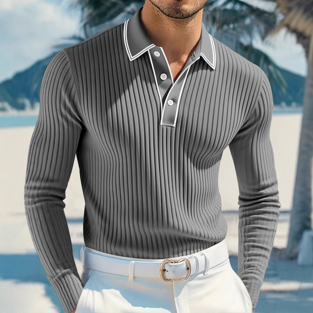 Men's slim-fit ribbed polo shirt with long sleeves, contrasting piping, and fine texture Mune Fashion