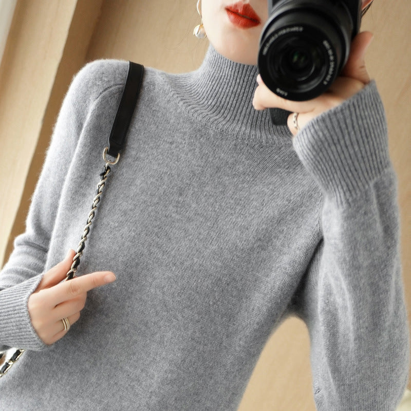 Women's Luxury Fine Knit Turtleneck Sweater with Thumbhole Cuffs and Feminine Shoulder Yoke Mune Fashion